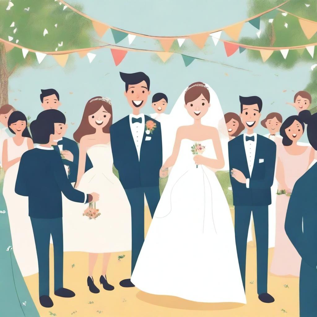 A whimsical scene of a wedding where two strangers are getting married