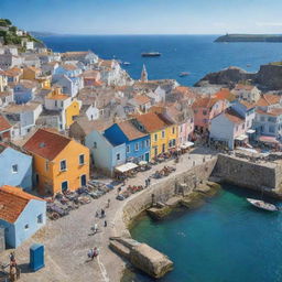 Animated image of a quaint sea town, with coloured houses, stone paved streets, bustling markets, boats bobbing in the harbour, and gulls soaring above, all set against the backdrop of the azure sea and clear skies.