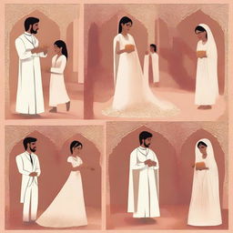 A series of scenes depicting an arranged marriage where two strangers get married