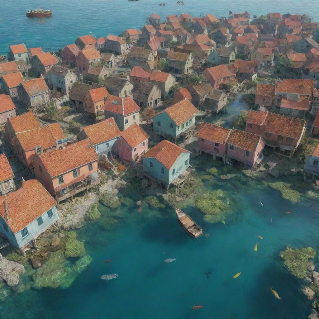 Animated image of the previous quaint sea town, now submerged underwater; colourful houses surrounded by marine life, cobblestone streets covered in algae, market structures are now coral reefs and boats floating submerged.