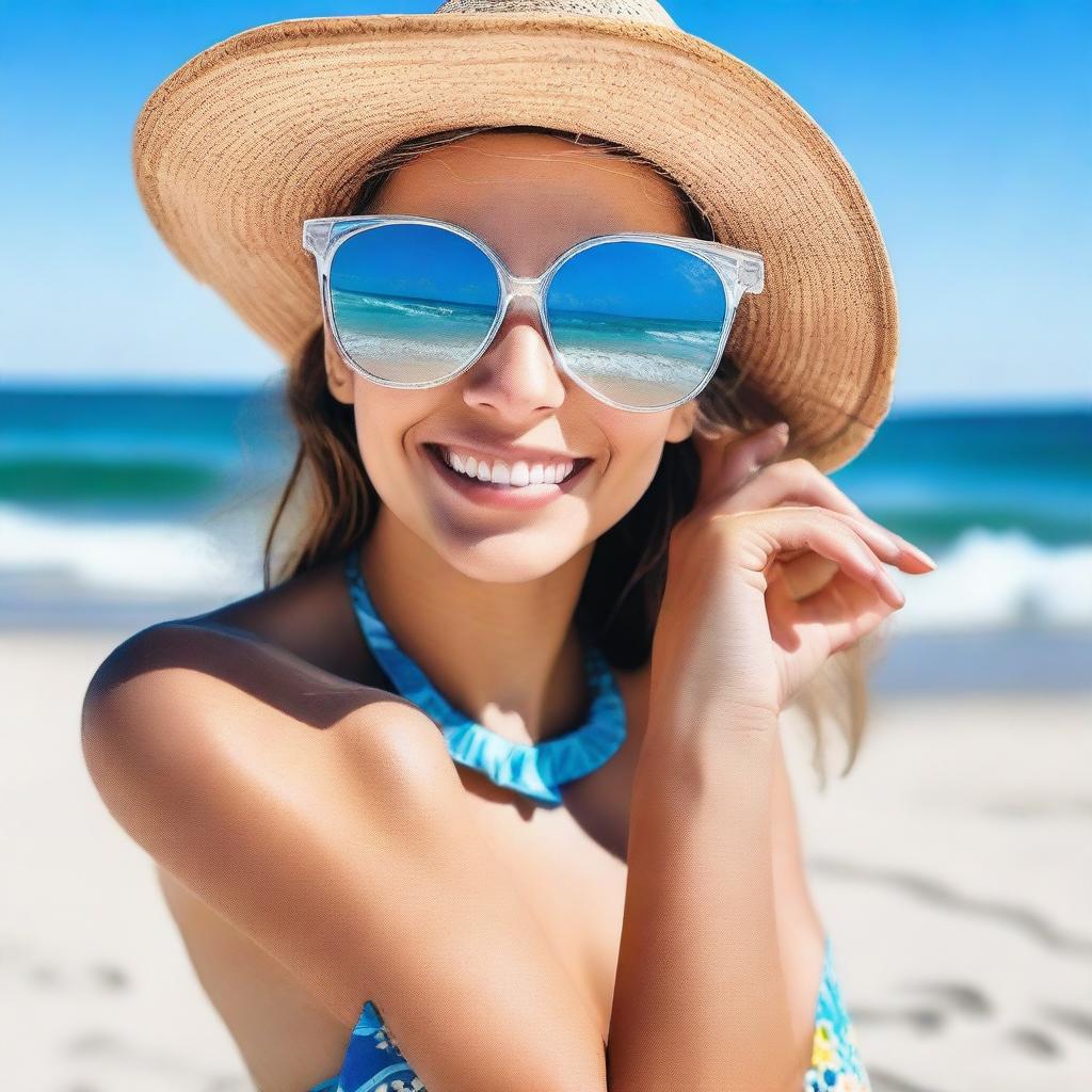 A person wearing a bikini at the beach, enjoying a sunny day with clear blue skies and gentle waves in the background