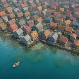 Animated image of the previous quaint sea town, now submerged underwater; colourful houses surrounded by marine life, cobblestone streets covered in algae, market structures are now coral reefs and boats floating submerged.