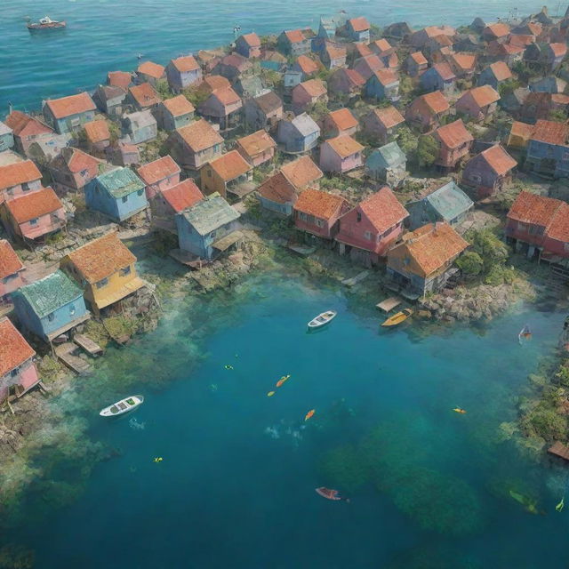 Animated image of the previous quaint sea town, now submerged underwater; colourful houses surrounded by marine life, cobblestone streets covered in algae, market structures are now coral reefs and boats floating submerged.