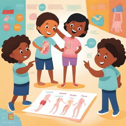 An illustration featuring a group of children learning about body parts