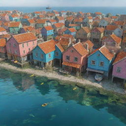 Animated image of the previous quaint sea town, now submerged underwater; colourful houses surrounded by marine life, cobblestone streets covered in algae, market structures are now coral reefs and boats floating submerged.