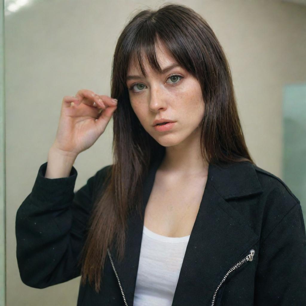 casual photograpy medium body, female, 23 year old with green eyes and black long hai with withe streaks in the bangs with  black hip hop tematic jacket .,freckles, self on the mirror, relax time, medium distance shot, 4k hd,  --style raw--v 5.2 ar 2-3