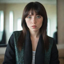 casual photograpy medium body, female, 23 year old with green eyes and black long hai with withe streaks in the bangs with  black hip hop tematic jacket .,freckles, self on the mirror, relax time, medium distance shot, 4k hd,  --style raw--v 5.2 ar 2-3