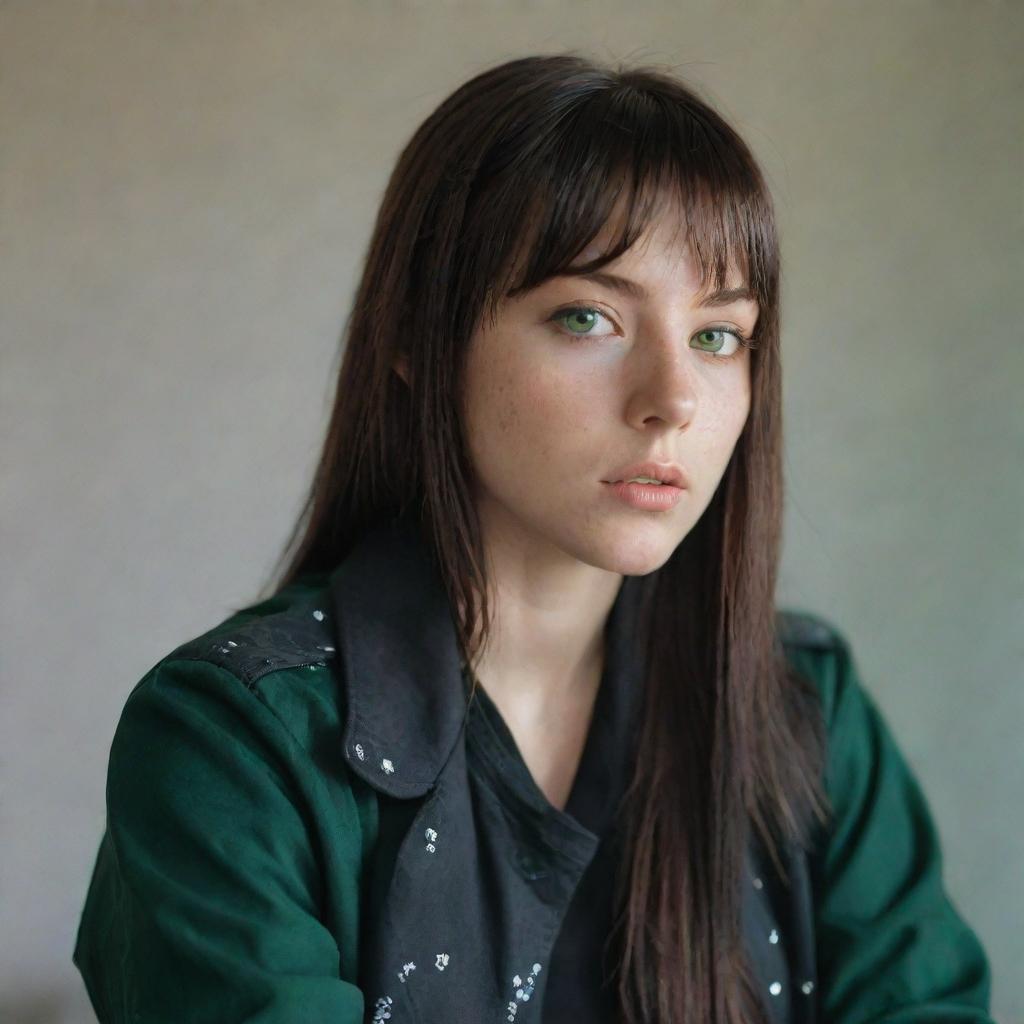 casual photograpy medium body, female, 23 year old with green eyes and black long hai with withe streaks in the bangs with  black hip hop tematic jacket .,freckles, self on the mirror, relax time, medium distance shot, 4k hd,  --style raw--v 5.2 ar 2-3