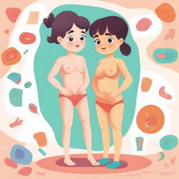 An illustration featuring a boy and a girl learning about body parts