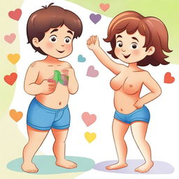 An illustration featuring a boy and a girl learning about body parts