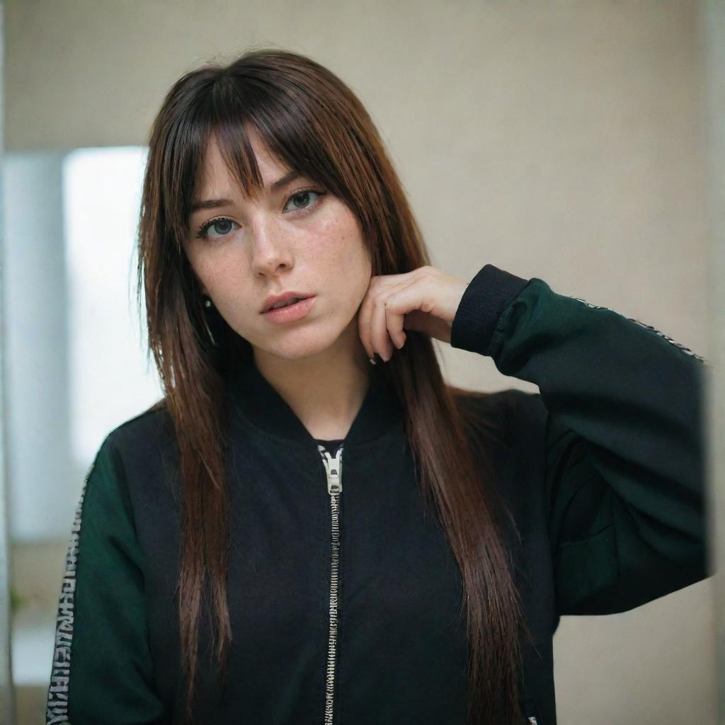 casual photograpy medium body, female with black hip hop tematic jacket, 23 year old with green eyes and black long hai with withe streaks in the bangs .,freckles, self on the mirror, relax time, medium distance shot, 4k hd,  --style raw--v 5.2 ar 2-3