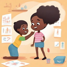 An illustration featuring a young Black boy and a young Black girl learning about body parts