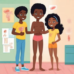 An illustration featuring a young Black boy and a young Black girl learning about body parts