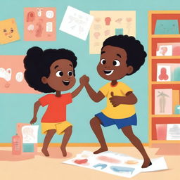 An illustration featuring a young Black boy and a young Black girl learning about body parts