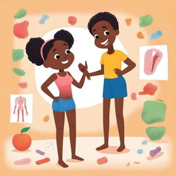 An illustration featuring a young Black boy and a young Black girl learning about body parts