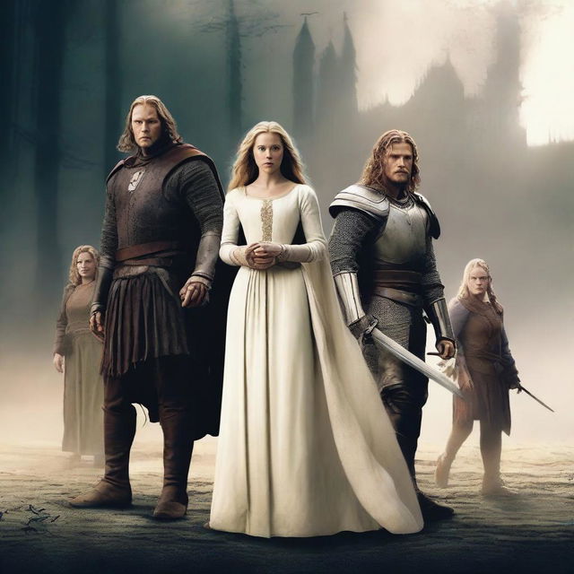 Create a movie poster featuring the main characters: Sir Cedric (Emil Bjerkander), Lady Isolde (Jennie Oikarinen), and Thane Eldwyn (Lars Tyvi)