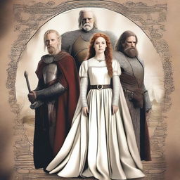 Create a movie poster featuring the main characters: Sir Cedric (Emil Bjerkander), Lady Isolde (Jennie Oikarinen), and Thane Eldwyn (Lars Tyvi)