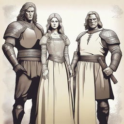 Create a movie poster featuring the main characters: Sir Cedric (Emil Bjerkander), Lady Isolde (Jennie Oikarinen), and Thane Eldwyn (Lars Tyvi)