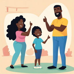 An illustration featuring a Black mom and Black dad teaching their children about body parts