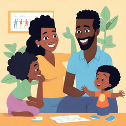 An illustration featuring a Black mom and Black dad teaching their children about body parts