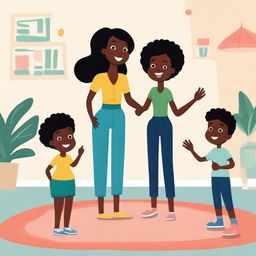 An illustration featuring a Black mom and Black dad teaching their children about body parts