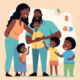 An illustration featuring a Black mom and Black dad teaching their children about body parts