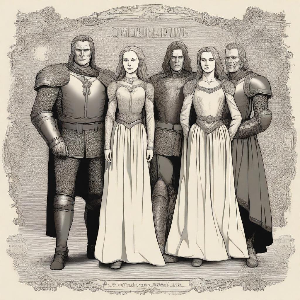 Create a detailed movie poster featuring the main characters: Sir Cedric (Emil Bjerkander), Lady Isolde (Jennie Oikarinen), and Thane Eldwyn (Lars Tyvi)