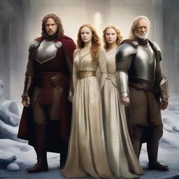 Create a detailed movie poster featuring the main characters: Sir Cedric (Emil Bjerkander), Lady Isolde (Jennie Oikarinen), and Thane Eldwyn (Lars Tyvi)