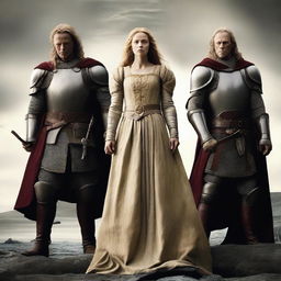 Create a detailed movie poster featuring the main characters: Sir Cedric (Emil Bjerkander), Lady Isolde (Jennie Oikarinen), and Thane Eldwyn (Lars Tyvi)