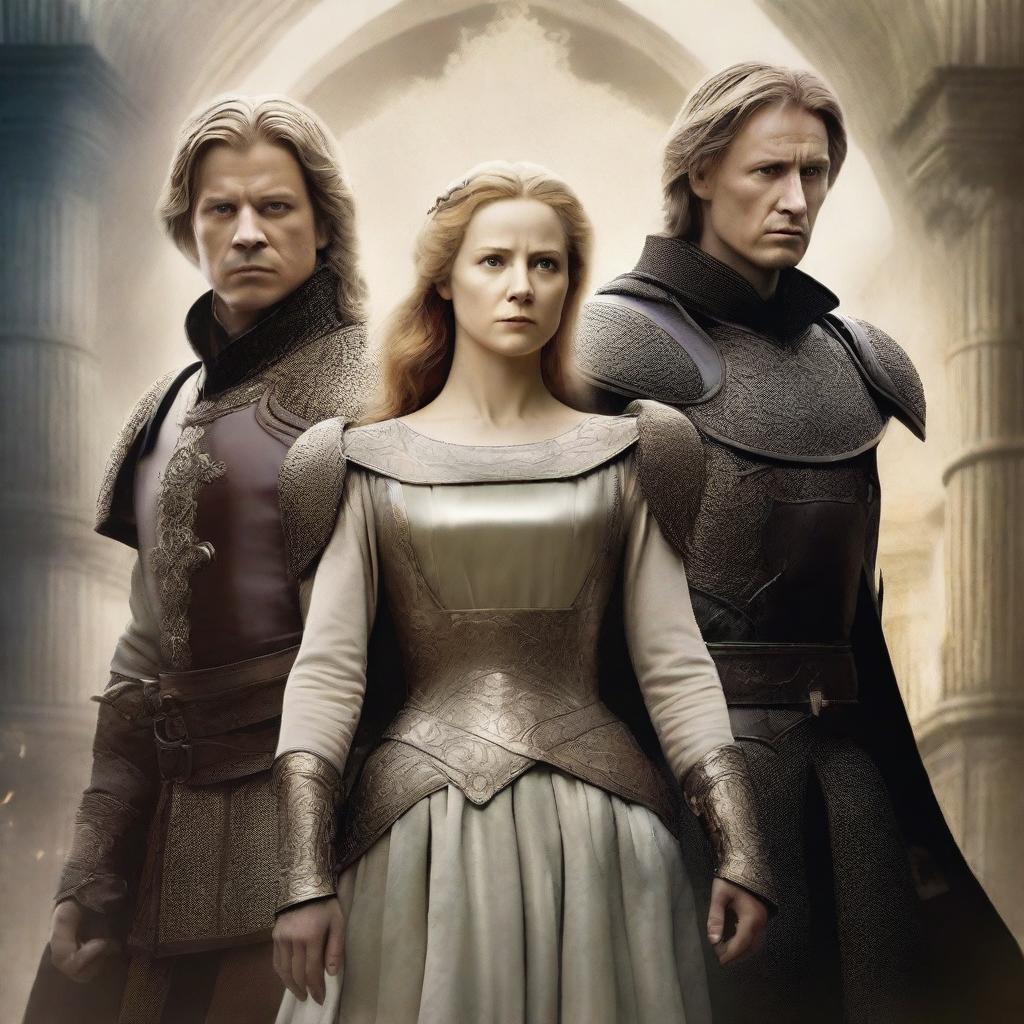 Create a detailed movie poster featuring the main characters: Sir Cedric (Emil Bjerkander), Lady Isolde (Jennie Oikarinen), and Thane Eldwyn (Lars Tyvi)