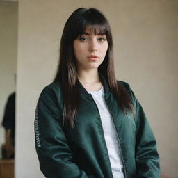 casual photograpy medium body, female with black hip hop tematic jacket, 23 year old with green eyes and black long hai with withe streaks in the bangs .,freckles, self on the mirror, relax time, medium distance shot, 4k hd,  --style raw--v 5.2 ar 2-3