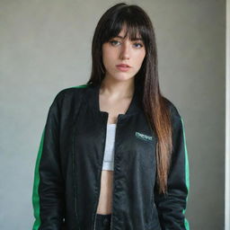 casual photograpy medium body, female with black hip hop tematic jacket, 23 year old with green eyes and black long hai with withe streaks in the bangs .,freckles, self on the mirror, relax time, medium distance shot, 4k hd,  --style raw--v 5.2 ar 2-3