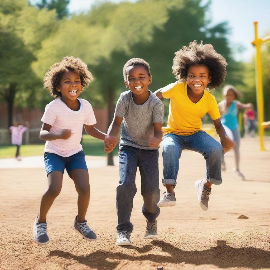 A lively scene of Black children playing at a playground