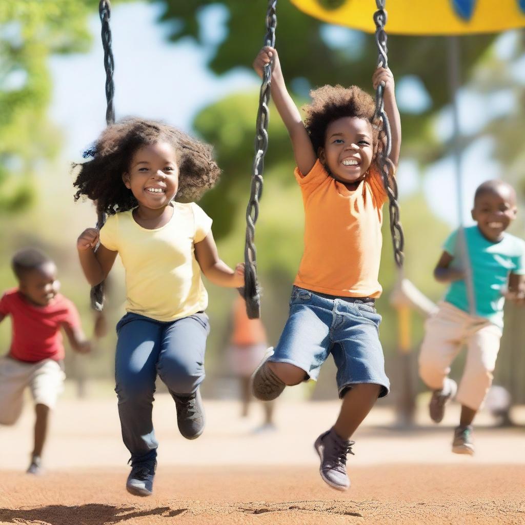 A lively scene of Black children playing at a playground