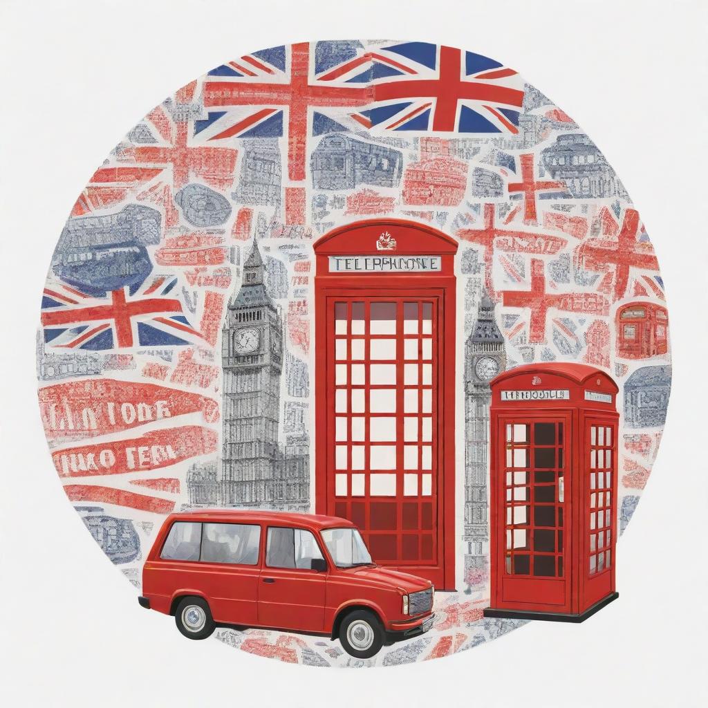 An illustrated conversation bubble filled with representations of iconic British symbols, such as a red telephone booth, double-decker bus, Big Ben and the Union Jack.