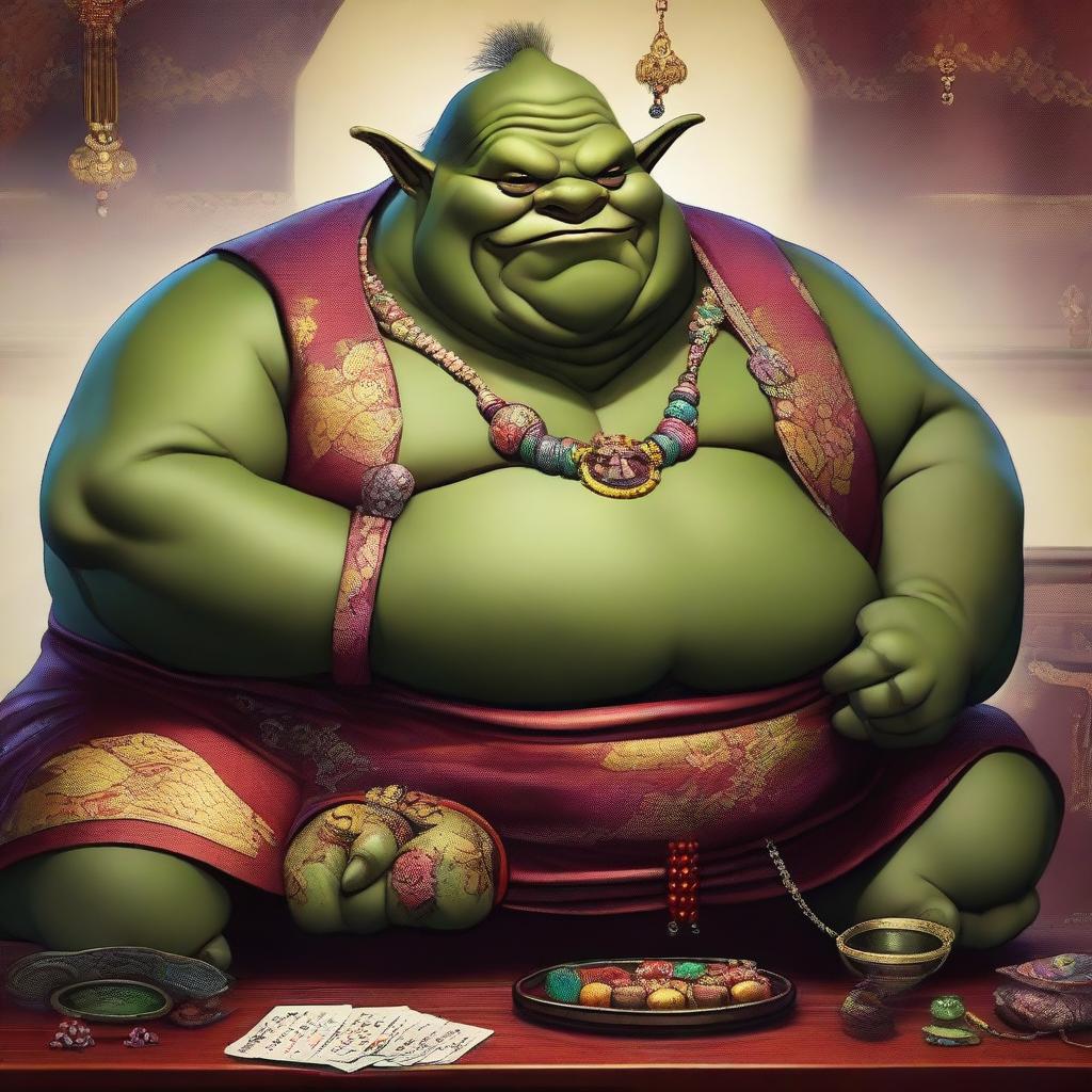 A very large, very fat ogre wearing a traditional Kimono, adorned with fine jewelry