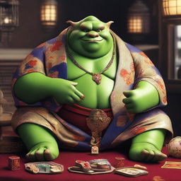 A very large, very fat ogre wearing a traditional Kimono, adorned with fine jewelry