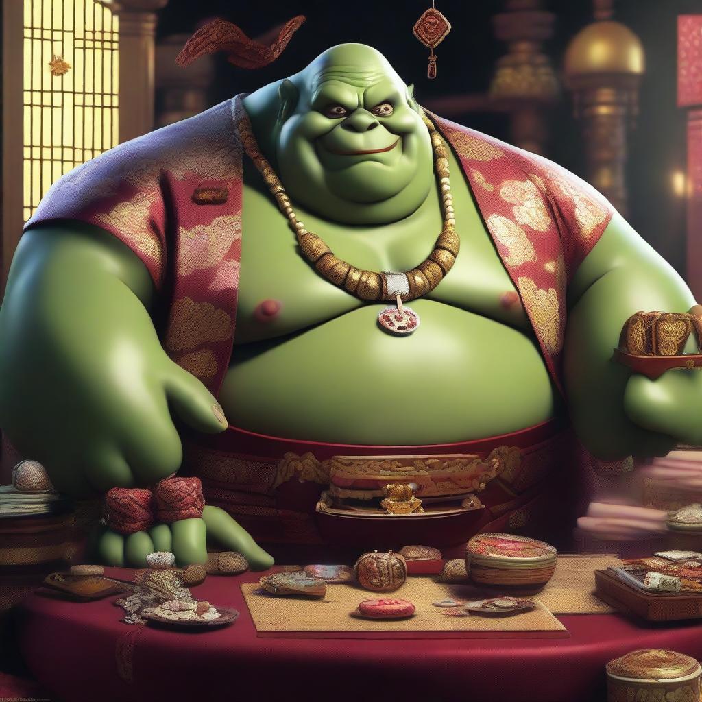 A very large, very fat ogre wearing a traditional Kimono, adorned with fine jewelry