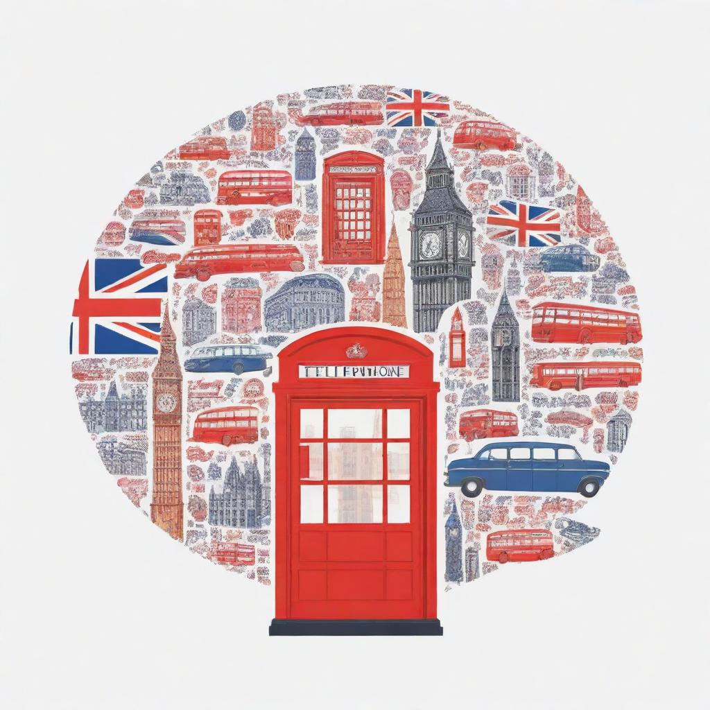 An illustrated conversation bubble filled with representations of iconic British symbols, such as a red telephone booth, double-decker bus, Big Ben and the Union Jack.