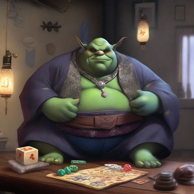 A very large, very fat ogre with gray skin wearing a kimono