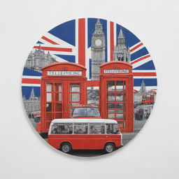 An illustrated conversation bubble filled with representations of iconic British symbols, such as a red telephone booth, double-decker bus, Big Ben and the Union Jack.