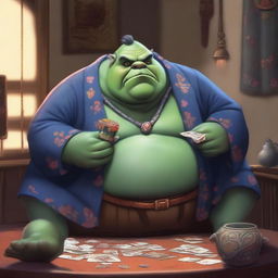 A very large, very fat ogre with gray skin wearing a kimono