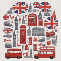 An illustrated conversation bubble filled with representations of iconic British symbols, such as a red telephone booth, double-decker bus, Big Ben and the Union Jack.