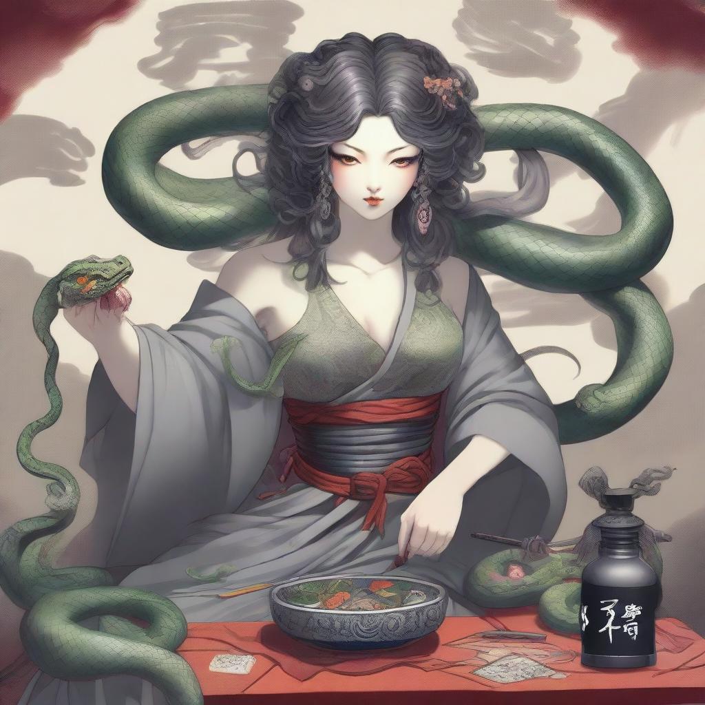 A Medusa-style gorgon with gray skin and snakes for hair, wearing a beautiful Japanese dress