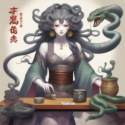 A Medusa-style gorgon with gray skin and snakes for hair, wearing a beautiful Japanese dress