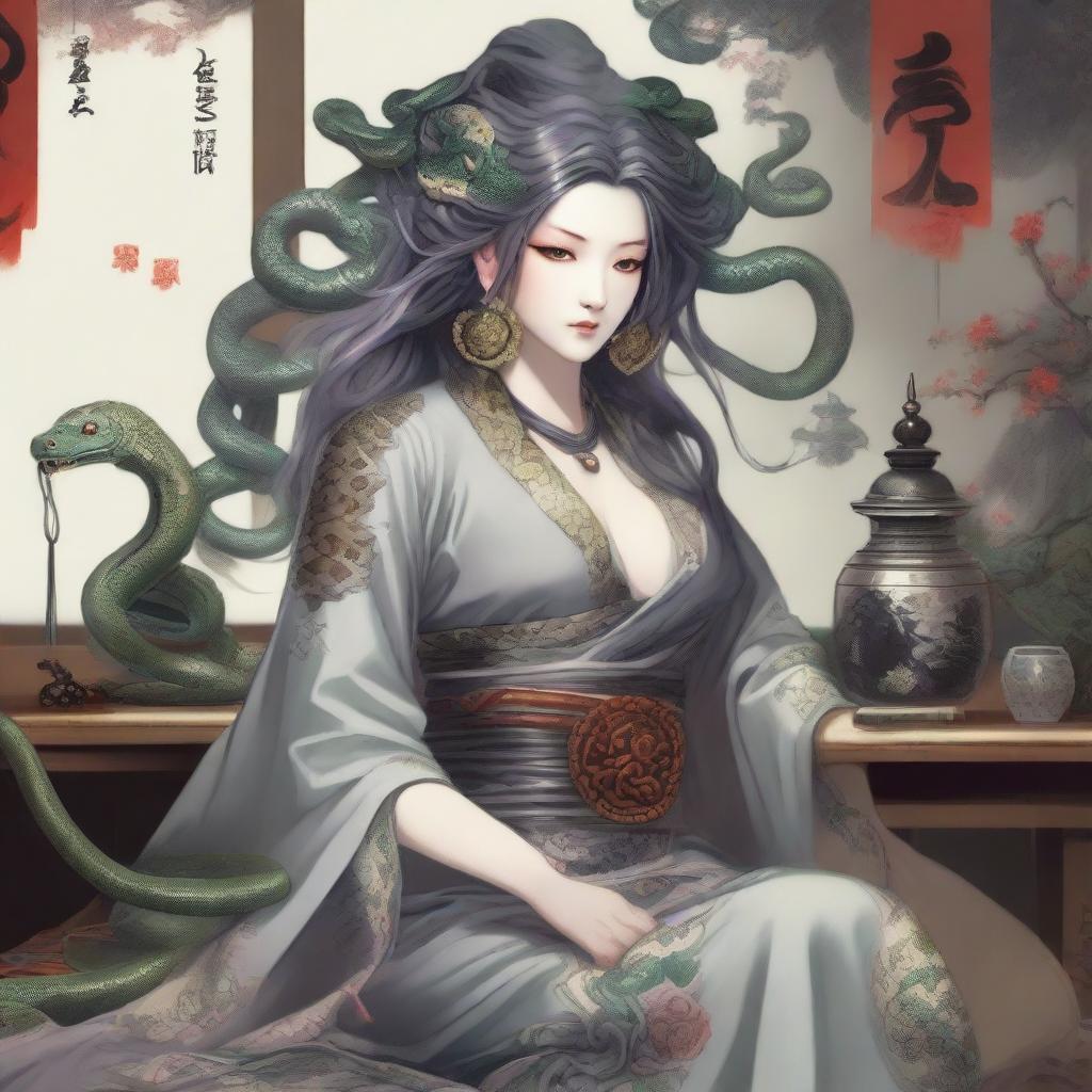 A Medusa-style gorgon with gray skin and snakes for hair, wearing a beautiful Japanese dress