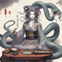 A Medusa-style gorgon with gray skin and snakes for hair, wearing a beautiful Japanese dress