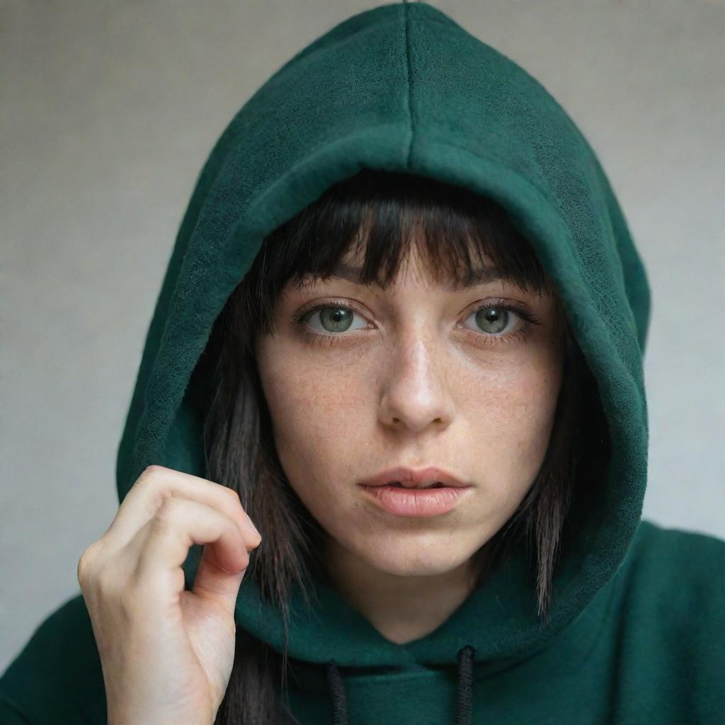 casual photograpy medium body, female with black hip hop tematic hoodie, 23 year old with green eyes and black long hai with withe streaks in the bangs .,freckles, self on the mirror, relax time, medium distance shot, 4k hd,  --style raw--v 5.2 ar 2-3