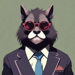 A bugbear dressed in a dark Japanese-style suit, wearing circular sunglasses