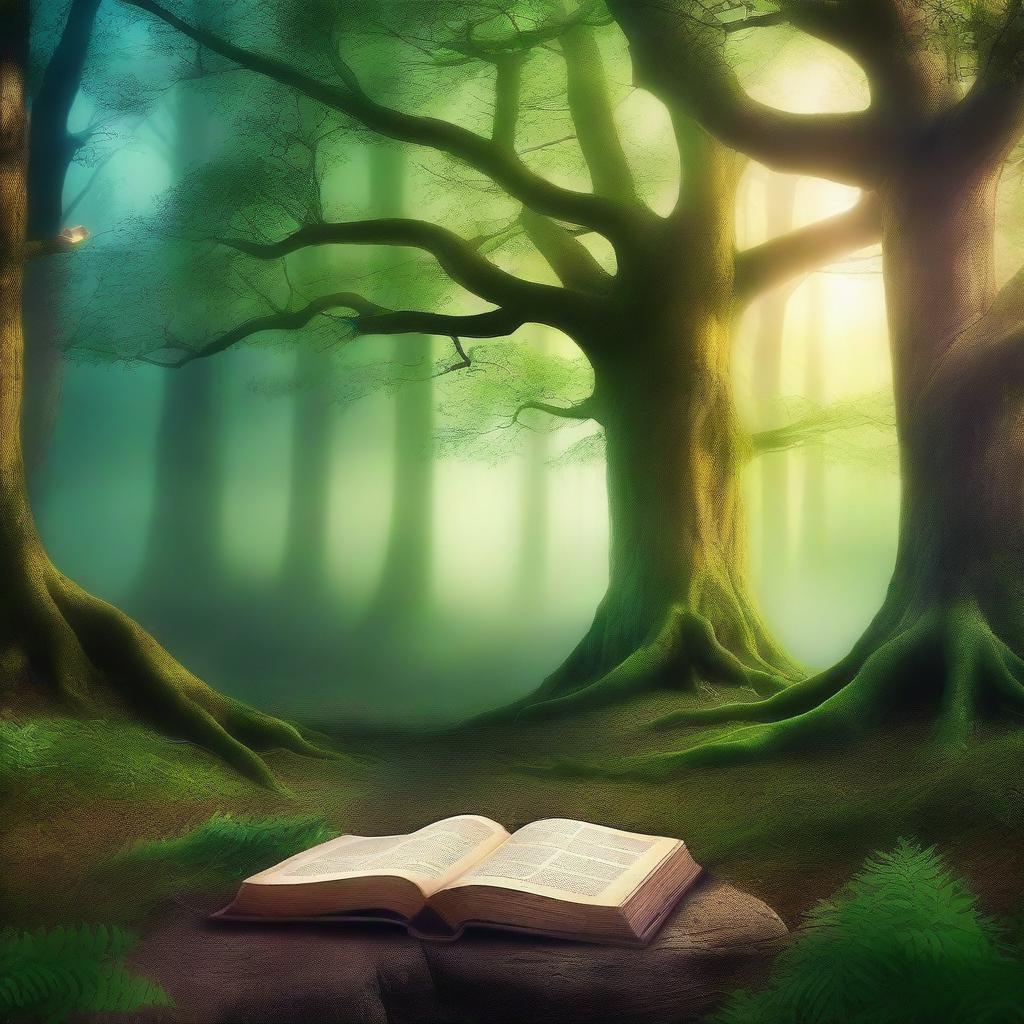 Create a captivating book cover featuring an enchanted forest with a mystical glow, ancient trees, and a hidden path